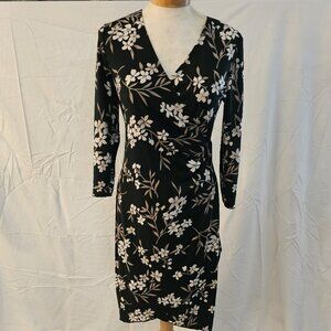 Floral Black Wrap Dress with 3/4 Sleeves - Size M-SOLD